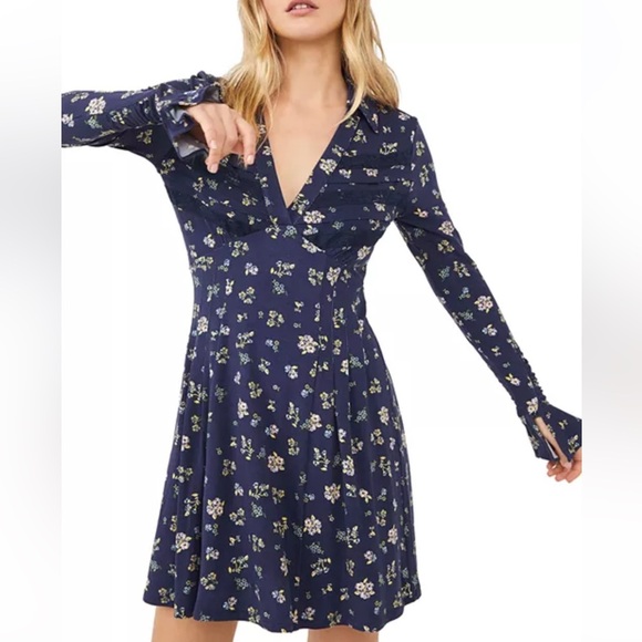 NWT!! Free People - Good Days Mini Dress - Blue Floral - Size XS - Picture 1 of 11